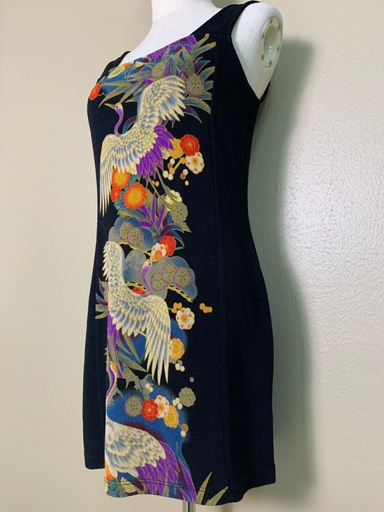 Renee Collection Dress Black/Multi Bird Crane Japanese Pattern Sleeveless M - Picture 2 of 6
